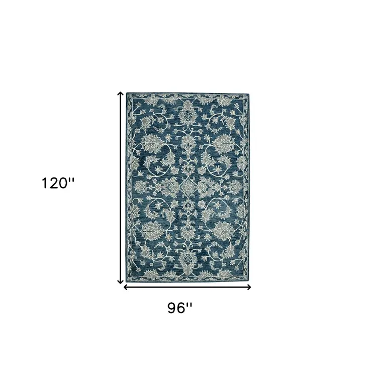 8' X 10' Teal Gray And Ivory Wool Floral Medallion Hand Hooked Area Rug