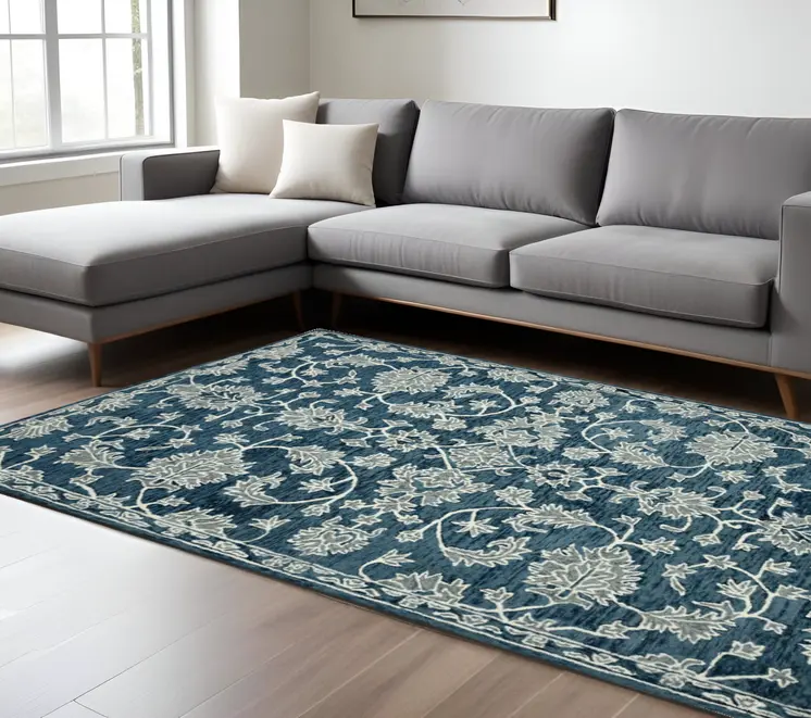 9' X 13' Teal Gray And Ivory Wool Floral Medallion Hand Hooked Area Rug