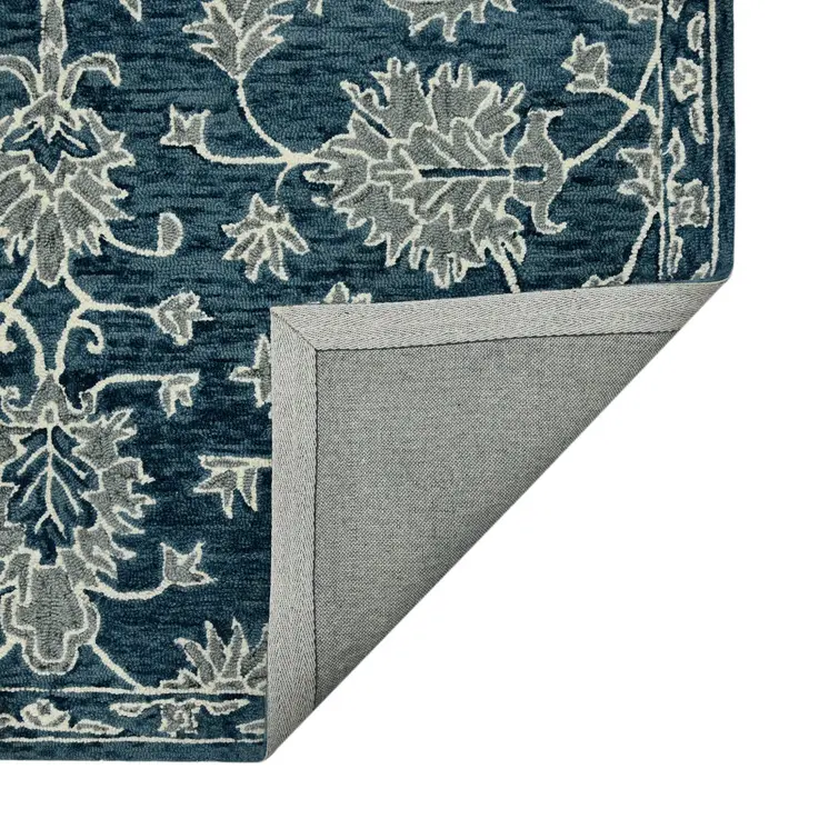 9' X 13' Teal Gray And Ivory Wool Floral Medallion Hand Hooked Area Rug