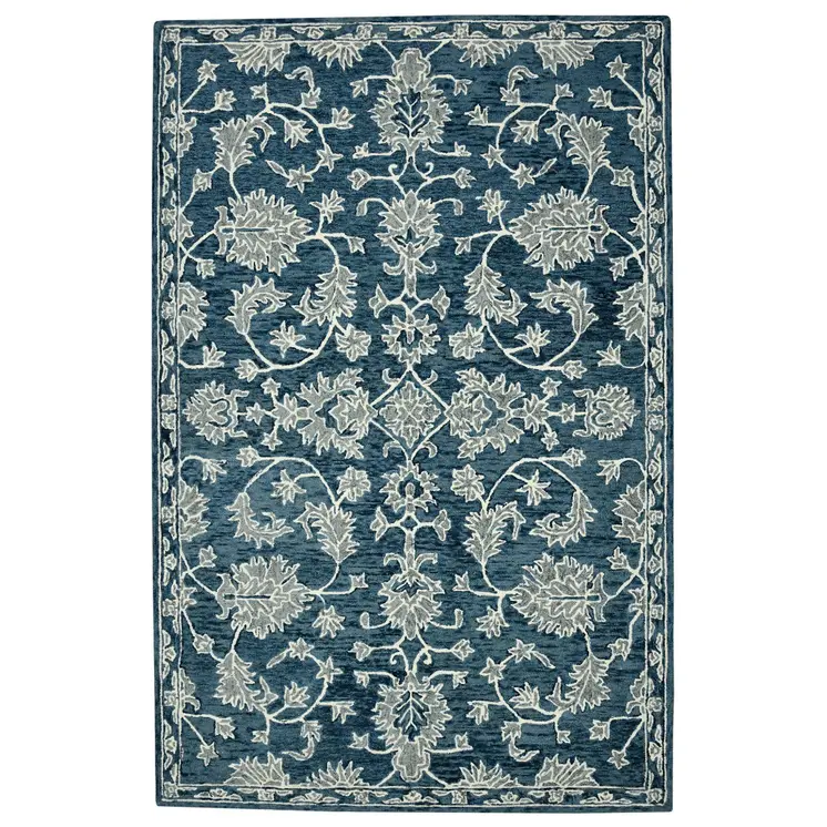 9' X 13' Teal Gray And Ivory Wool Floral Medallion Hand Hooked Area Rug