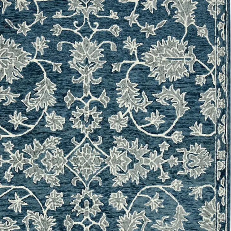 9' X 13' Teal Gray And Ivory Wool Floral Medallion Hand Hooked Area Rug