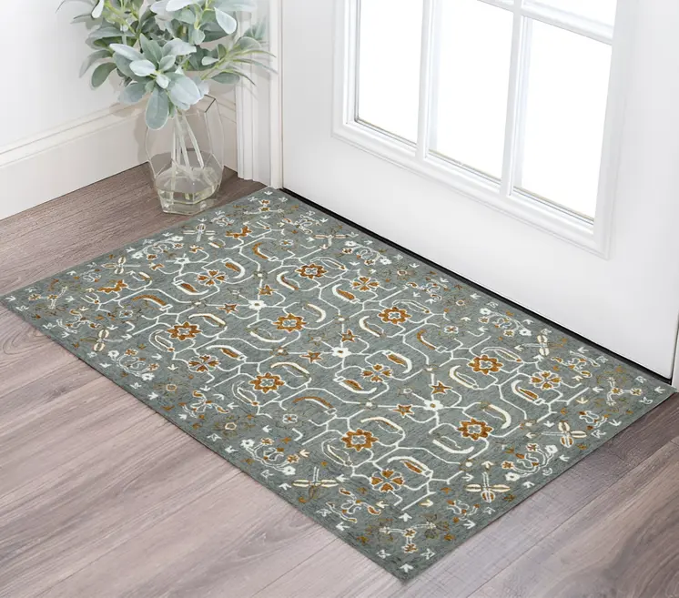 2' X 3' Orange Gray And Ivory Wool Floral Medallion Hand Hooked Area Rug