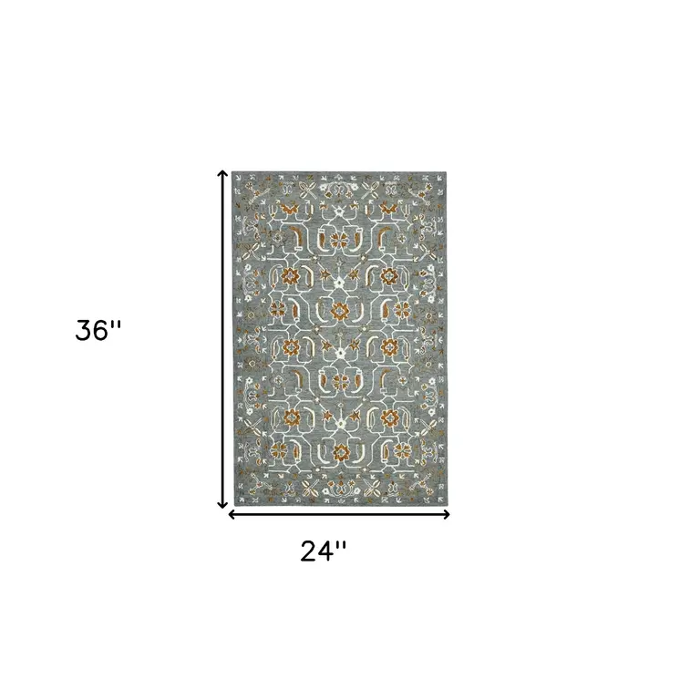 2' X 3' Orange Gray And Ivory Wool Floral Medallion Hand Hooked Area Rug
