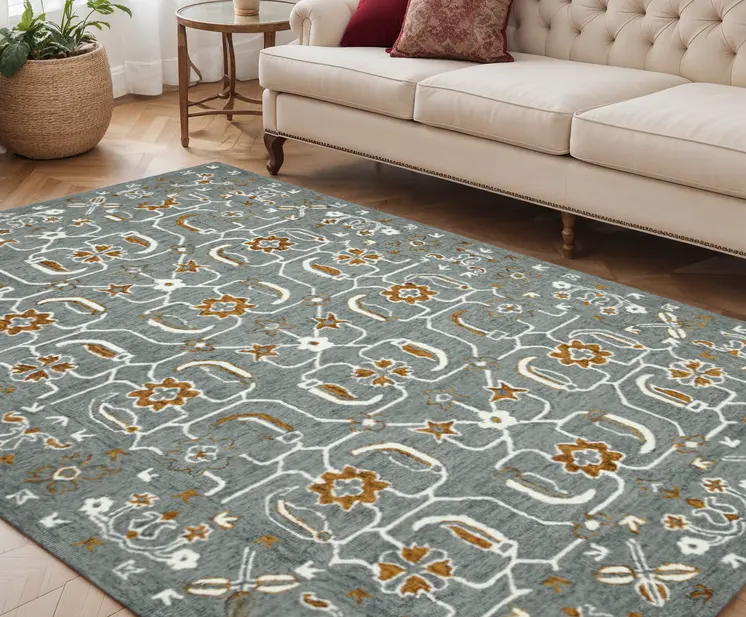5' X 8' Orange Gray And Ivory Wool Floral Medallion Hand Hooked Area Rug