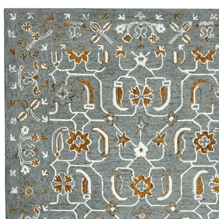 5' X 8' Orange Gray And Ivory Wool Floral Medallion Hand Hooked Area Rug