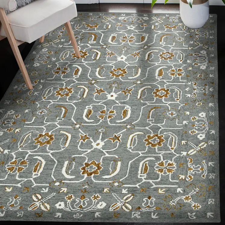 8' X 10' Orange Gray And Ivory Wool Floral Medallion Hand Hooked Area Rug