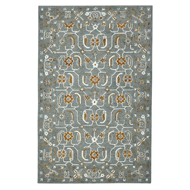 8' X 10' Orange Gray And Ivory Wool Floral Medallion Hand Hooked Area Rug