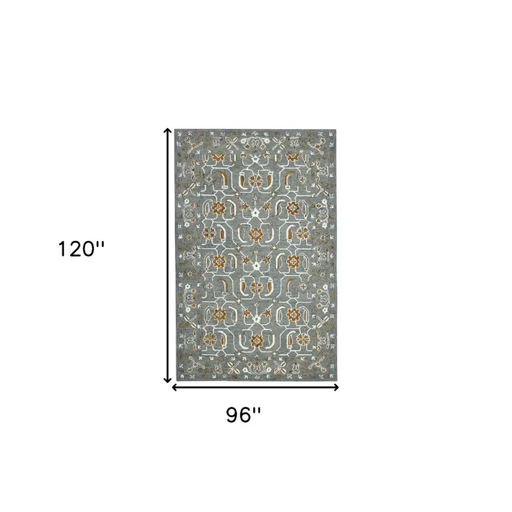 8' X 10' Orange Gray And Ivory Wool Floral Medallion Hand Hooked Area Rug