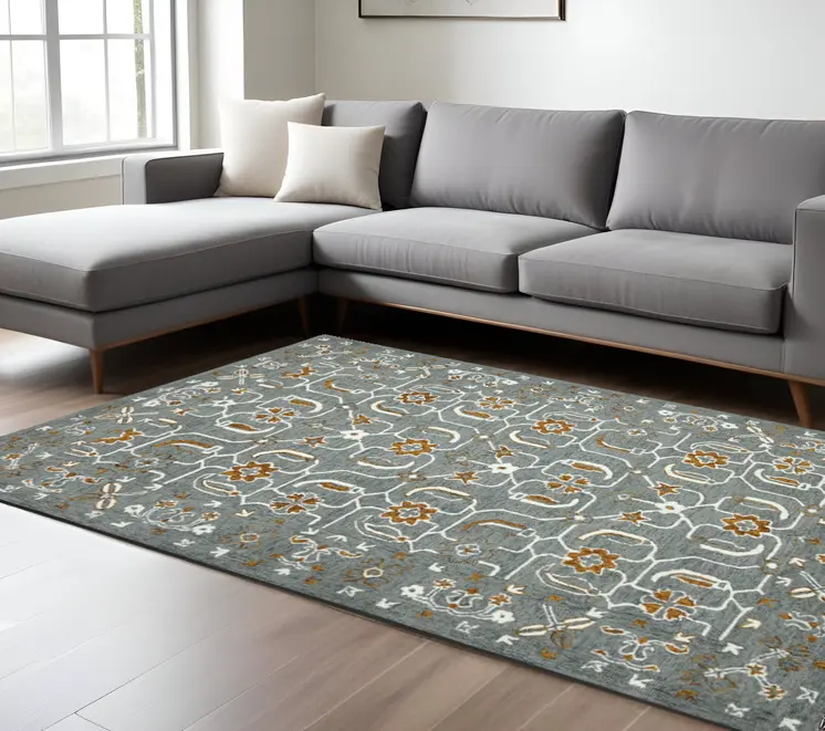 9' X 13' Orange Gray And Ivory Wool Floral Medallion Hand Hooked Area Rug