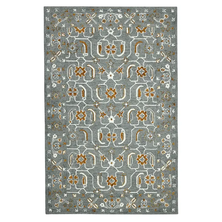 9' X 13' Orange Gray And Ivory Wool Floral Medallion Hand Hooked Area Rug