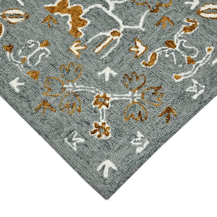 9' X 13' Orange Gray And Ivory Wool Floral Medallion Hand Hooked Area Rug