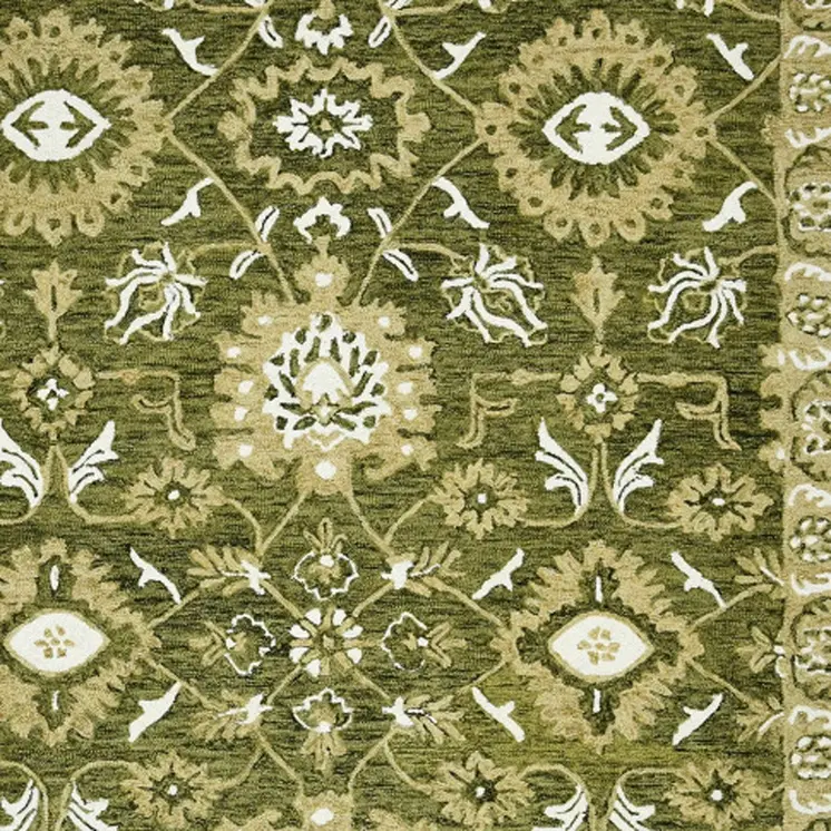 2' X 3' Olive Green Ivory And Light Brown Wool Floral Medallion Hand Hooked Area Rug