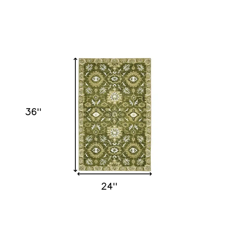 2' X 3' Olive Green Ivory And Light Brown Wool Floral Medallion Hand Hooked Area Rug