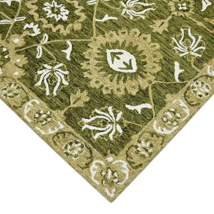 5' X 8' Olive Green Ivory And Light Brown Wool Floral Medallion Hand Hooked Area Rug
