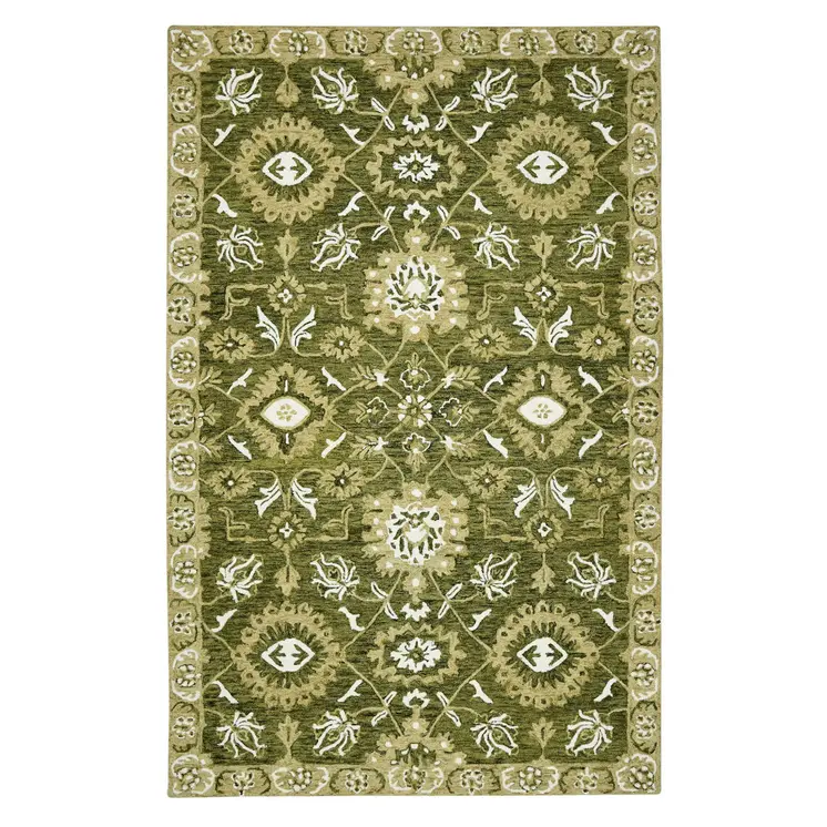 5' X 8' Olive Green Ivory And Light Brown Wool Floral Medallion Hand Hooked Area Rug