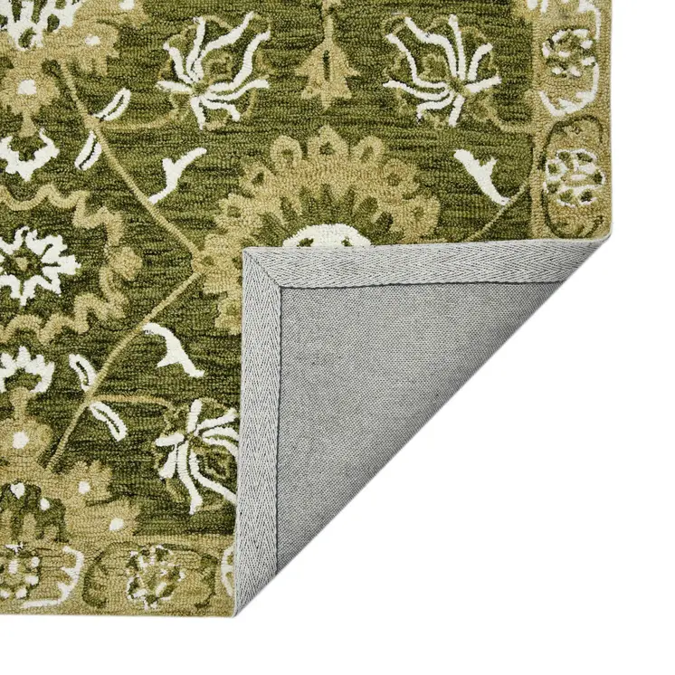 5' X 8' Olive Green Ivory And Light Brown Wool Floral Medallion Hand Hooked Area Rug