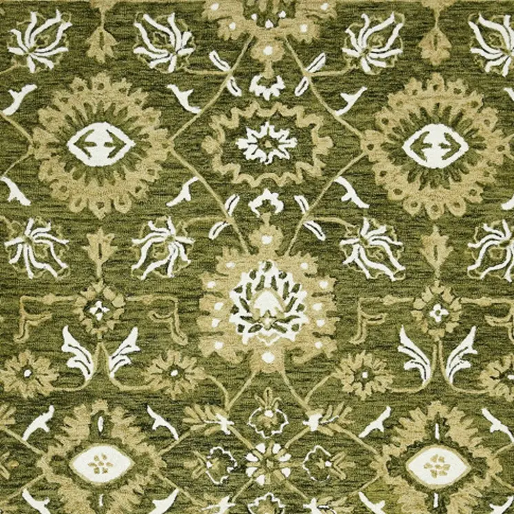 5' X 8' Olive Green Ivory And Light Brown Wool Floral Medallion Hand Hooked Area Rug