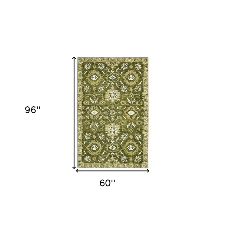 5' X 8' Olive Green Ivory And Light Brown Wool Floral Medallion Hand Hooked Area Rug