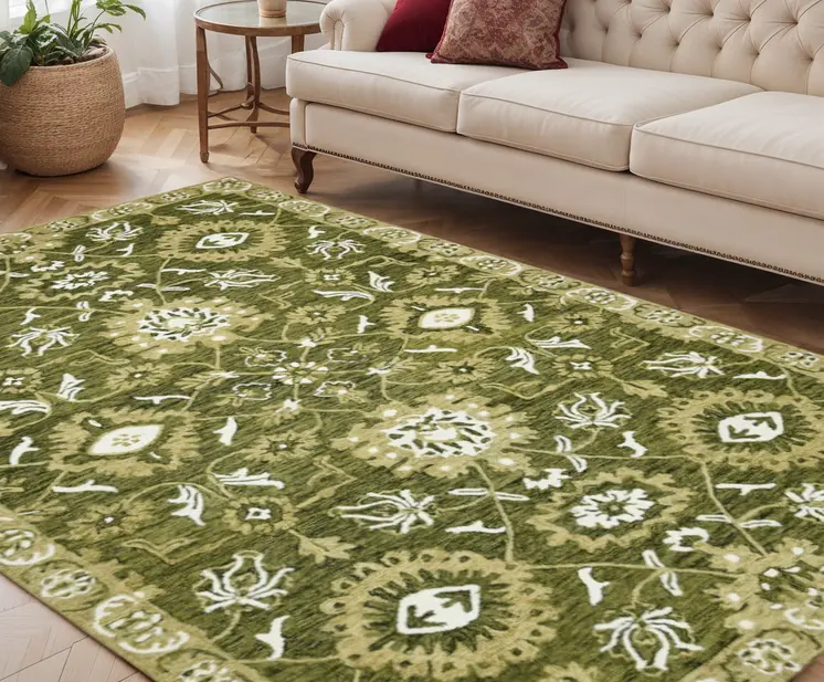 5' X 8' Olive Green Ivory And Light Brown Wool Floral Medallion Hand Hooked Area Rug