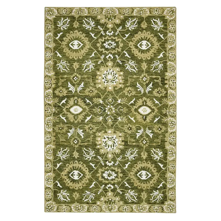 8' X 10' Olive Green Ivory And Light Brown Wool Floral Medallion Hand Hooked Area Rug