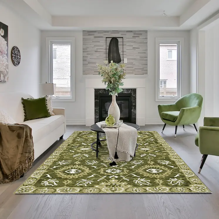8' X 10' Olive Green Ivory And Light Brown Wool Floral Medallion Hand Hooked Area Rug