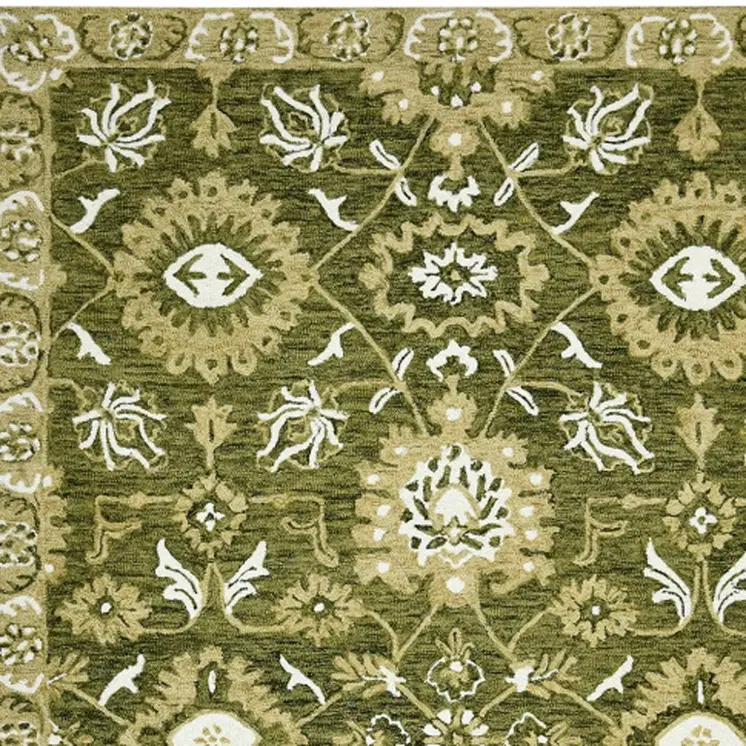 8' X 10' Olive Green Ivory And Light Brown Wool Floral Medallion Hand Hooked Area Rug