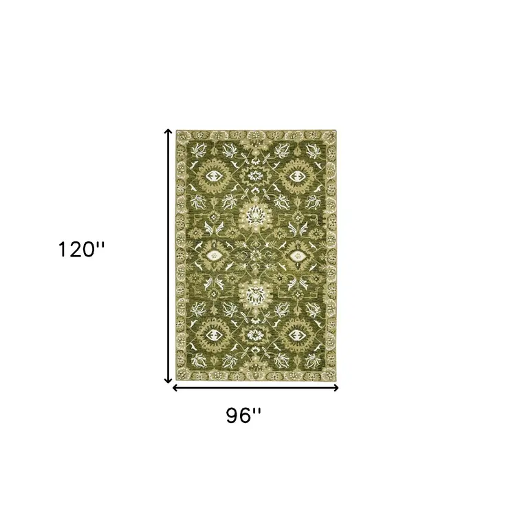 8' X 10' Olive Green Ivory And Light Brown Wool Floral Medallion Hand Hooked Area Rug
