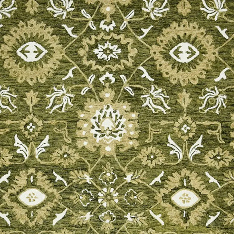 9' X 13' Olive Green Ivory And Light Brown Wool Floral Medallion Hand Hooked Area Rug