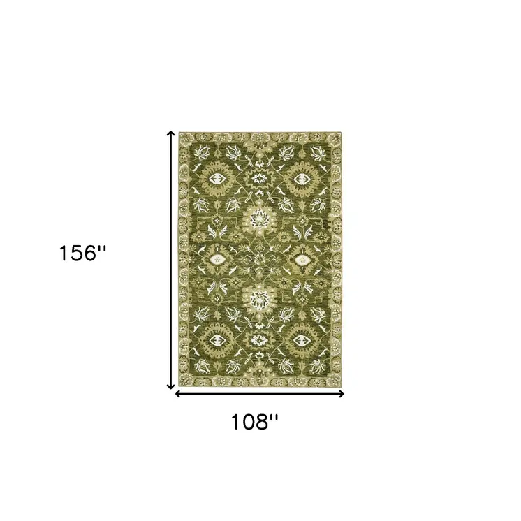 9' X 13' Olive Green Ivory And Light Brown Wool Floral Medallion Hand Hooked Area Rug