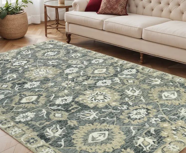 5' X 8' Gray Ivory And Beige Wool Floral Medallion Hand Hooked Area Rug