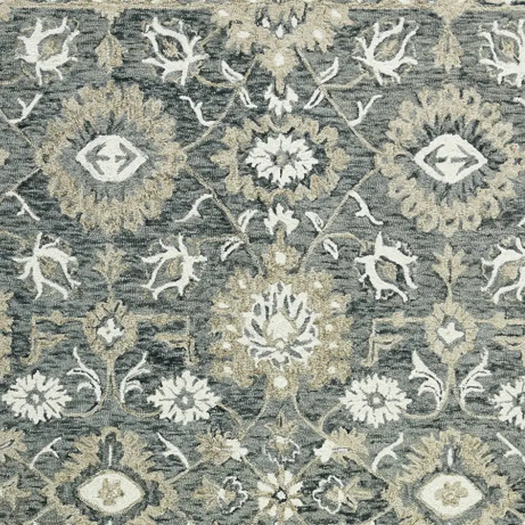 5' X 8' Gray Ivory And Beige Wool Floral Medallion Hand Hooked Area Rug