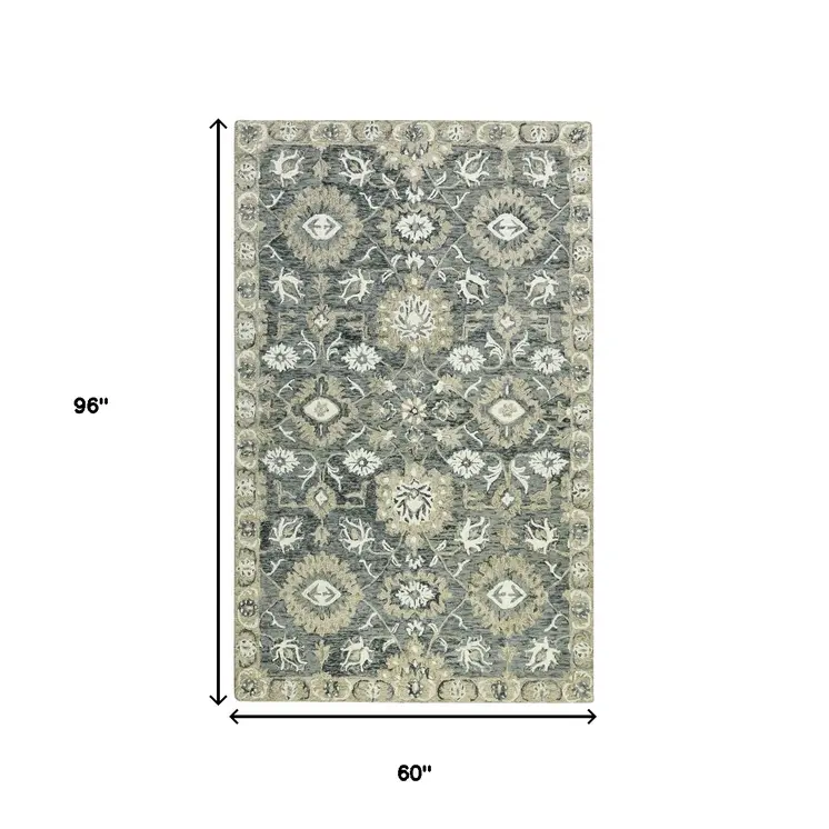 5' X 8' Gray Ivory And Beige Wool Floral Medallion Hand Hooked Area Rug