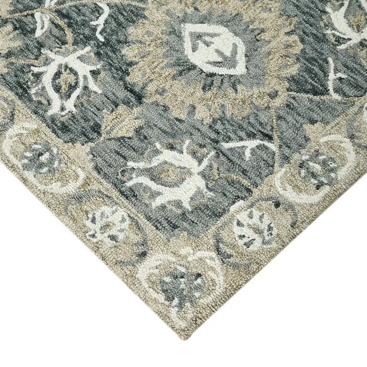 8' X 10' Gray Ivory And Beige Wool Floral Medallion Hand Hooked Area Rug