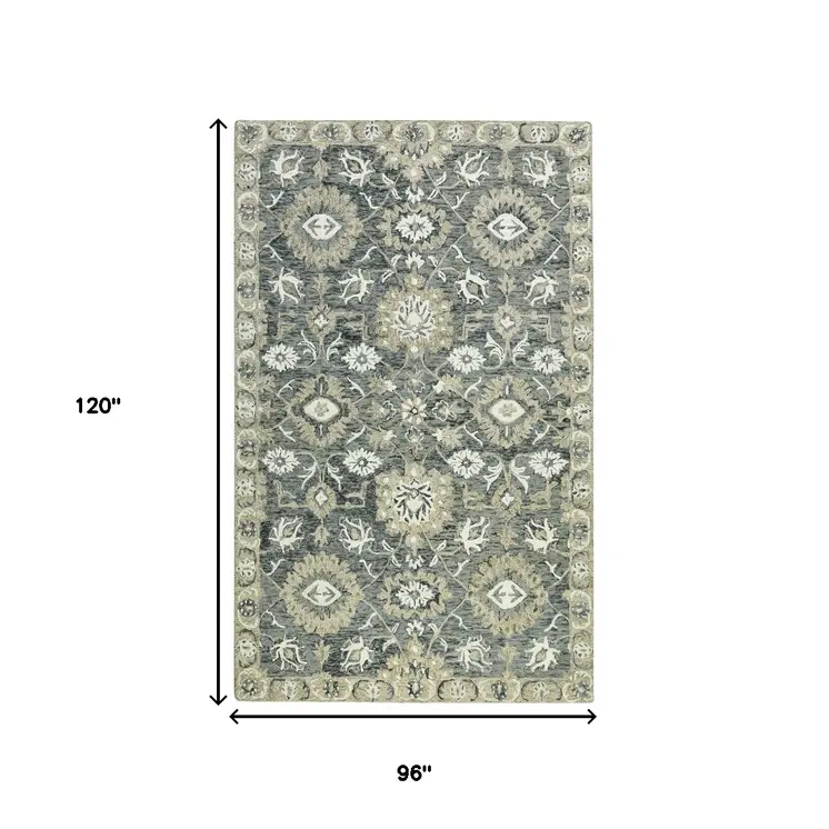 8' X 10' Gray Ivory And Beige Wool Floral Medallion Hand Hooked Area Rug