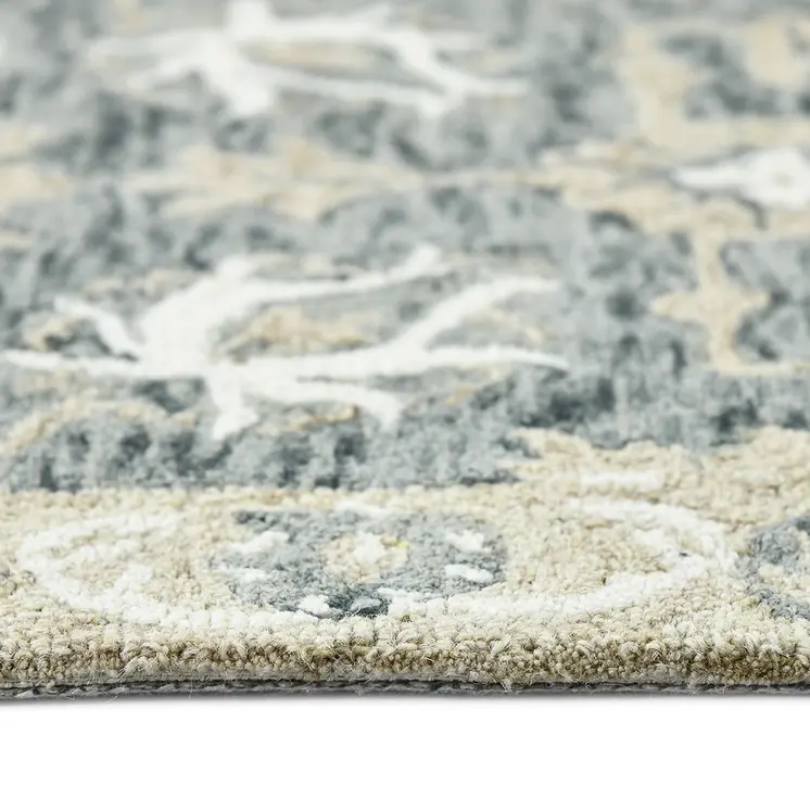 9' X 13' Gray Ivory And Beige Wool Floral Medallion Hand Hooked Area Rug