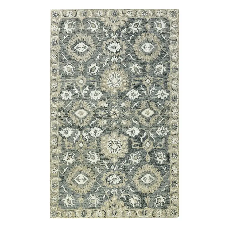 9' X 13' Gray Ivory And Beige Wool Floral Medallion Hand Hooked Area Rug