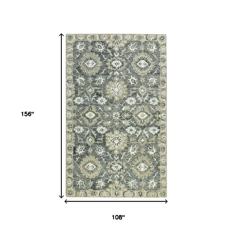 9' X 13' Gray Ivory And Beige Wool Floral Medallion Hand Hooked Area Rug
