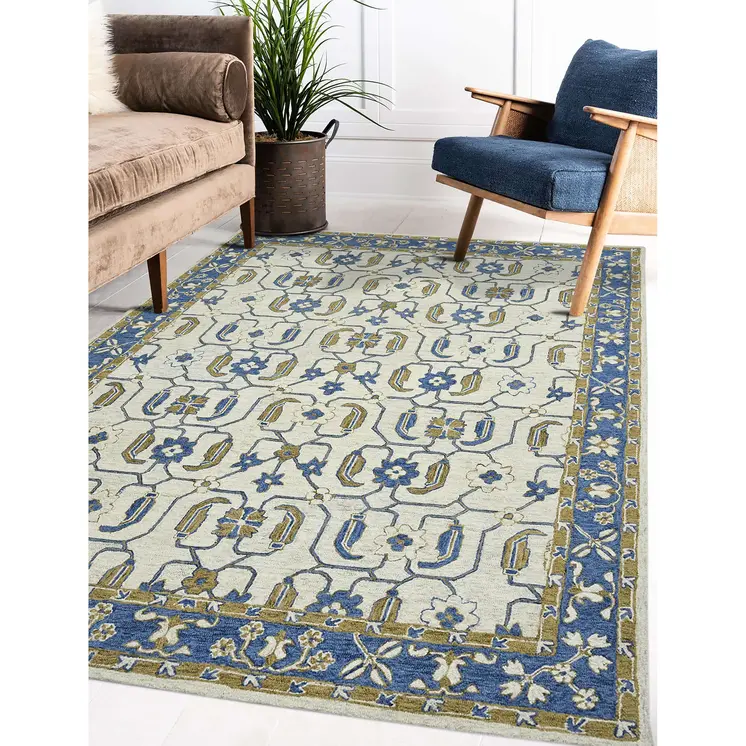 2' X 3' Blue Beige And Brown Wool Oriental Hand Hooked Area Rug