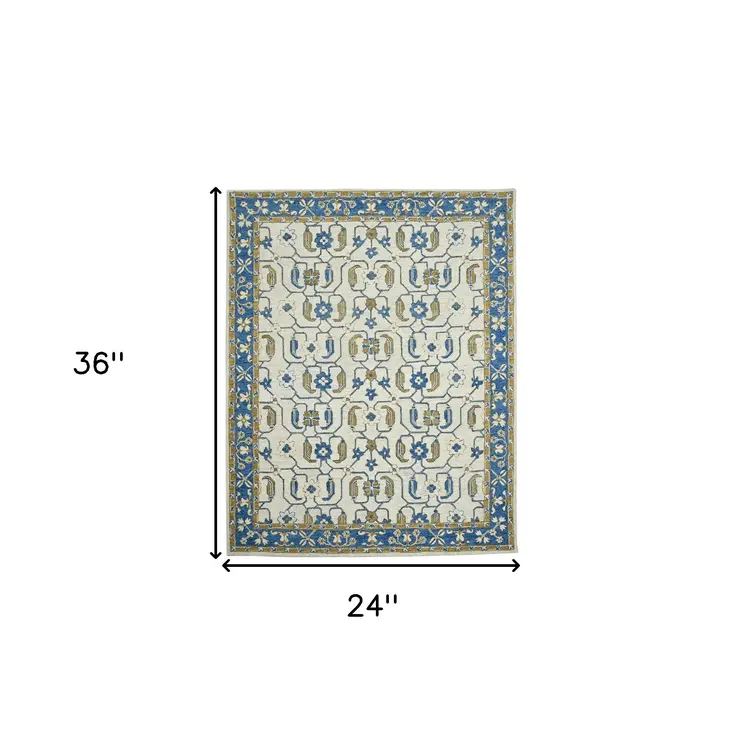 2' X 3' Blue Beige And Brown Wool Oriental Hand Hooked Area Rug
