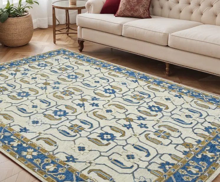 5' X 8' Blue Beige And Brown Wool Oriental Hand Hooked Area Rug