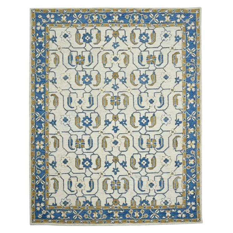 5' X 8' Blue Beige And Brown Wool Oriental Hand Hooked Area Rug