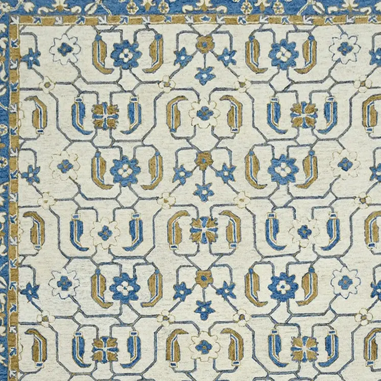 5' X 8' Blue Beige And Brown Wool Oriental Hand Hooked Area Rug
