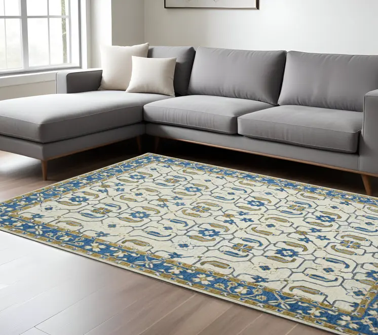 8' X 10' Blue Beige And Brown Wool Oriental Hand Hooked Area Rug