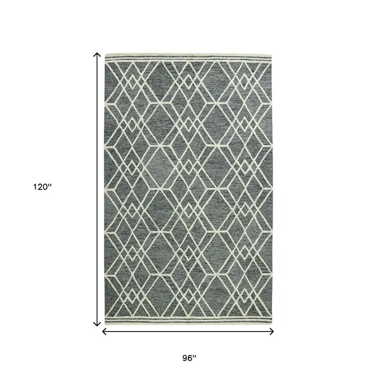 8' X 10' Gray And Ivory Wool Geometric Hand Hooked Area Rug