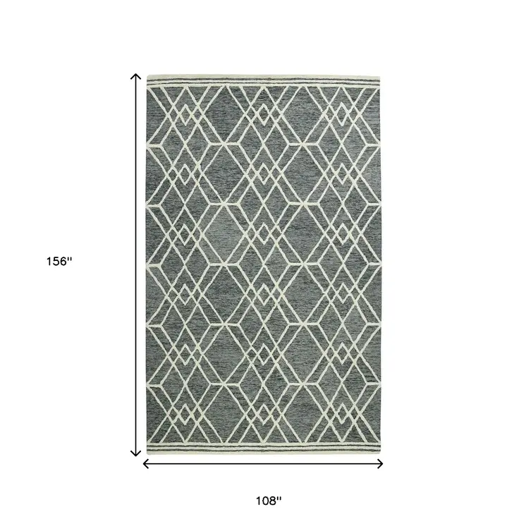 9' X 13' Gray And Ivory Wool Geometric Hand Hooked Area Rug