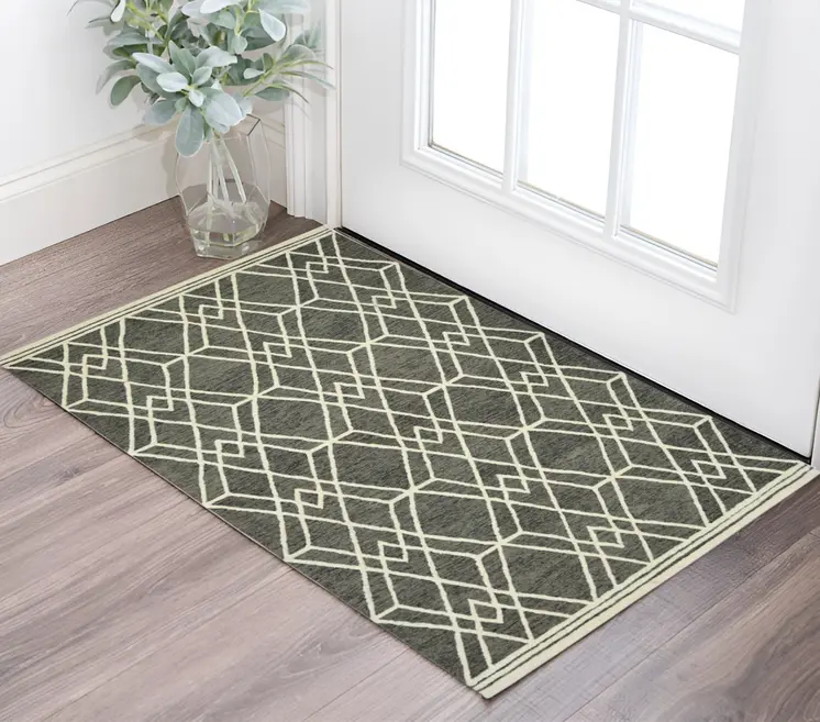 2' X 3' Dark Gray And Ivory Wool Geometric Hand Hooked Area Rug