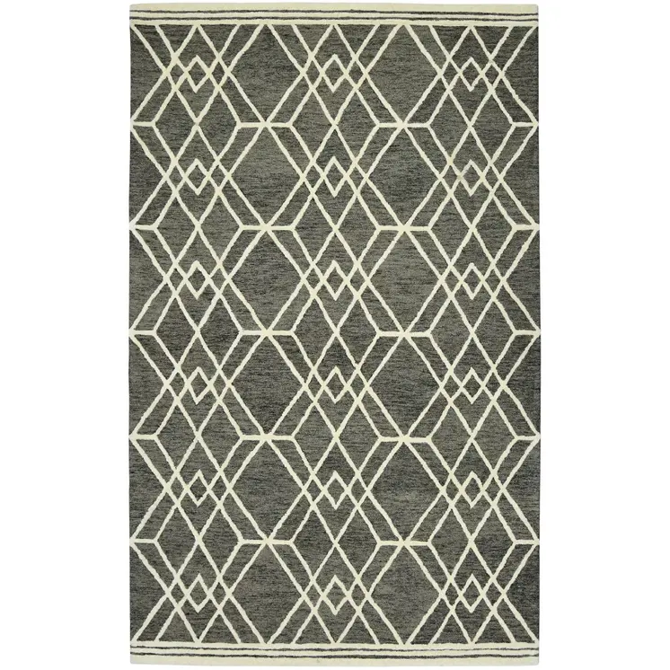 2' X 3' Dark Gray And Ivory Wool Geometric Hand Hooked Area Rug