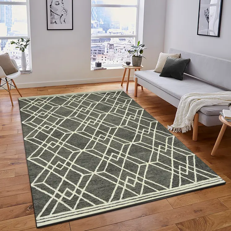 2' X 3' Dark Gray And Ivory Wool Geometric Hand Hooked Area Rug