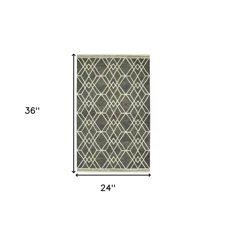 2' X 3' Dark Gray And Ivory Wool Geometric Hand Hooked Area Rug
