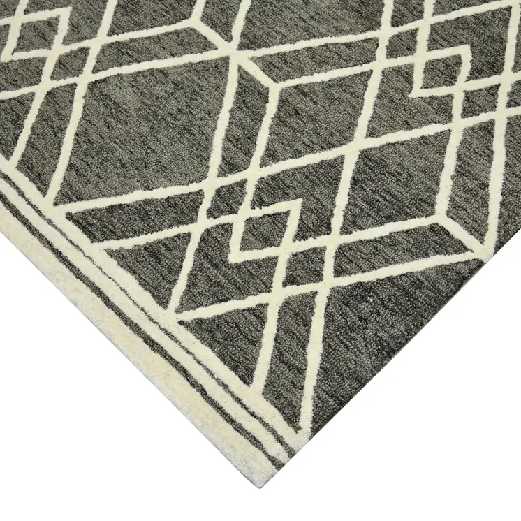 5' X 8' Dark Gray And Ivory Wool Geometric Hand Hooked Area Rug